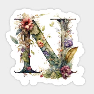 Floral Garden Watercolor Monogram Letter N Sticker